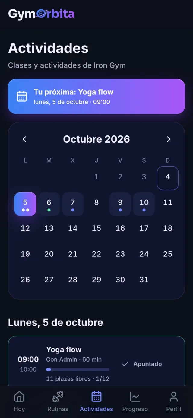 Calendario de actividades del gimnasio