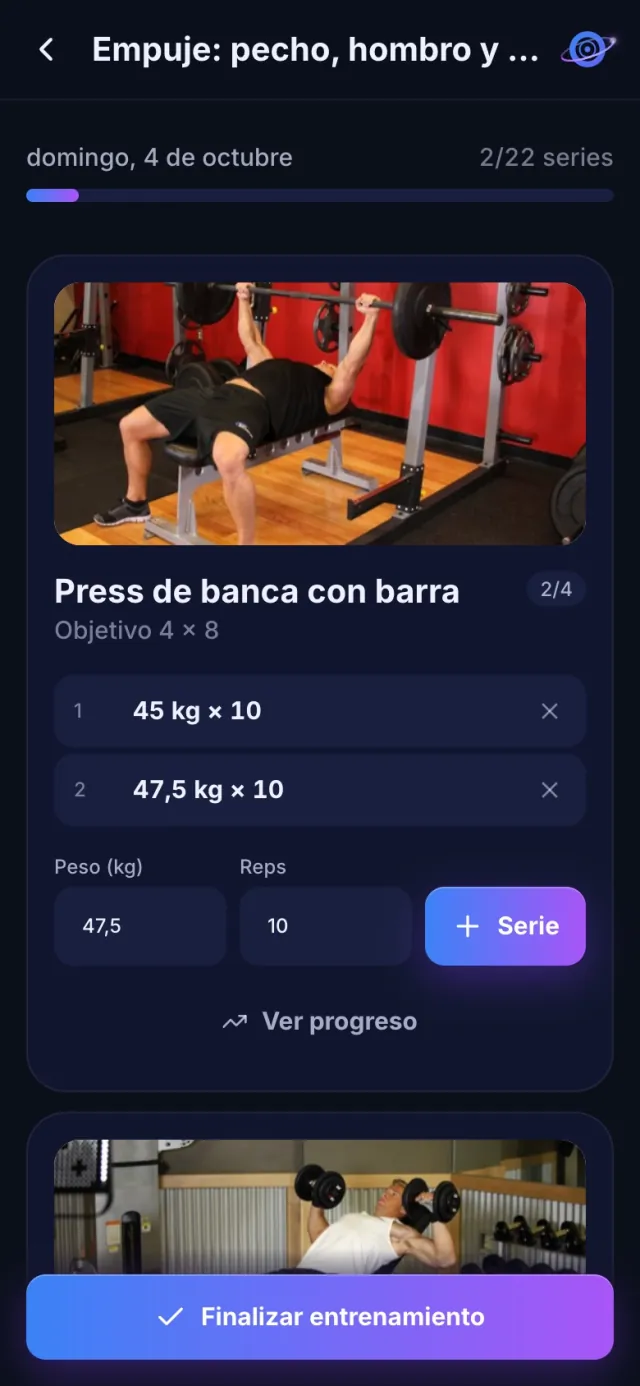 Entreno en curso con series apuntadas